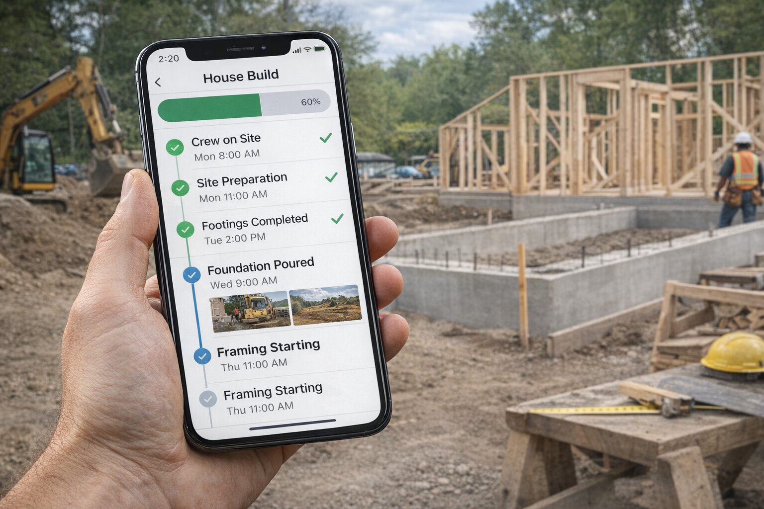 Phone showing JobCommandCenter progress tracker — House Build at 60% with every milestone documented