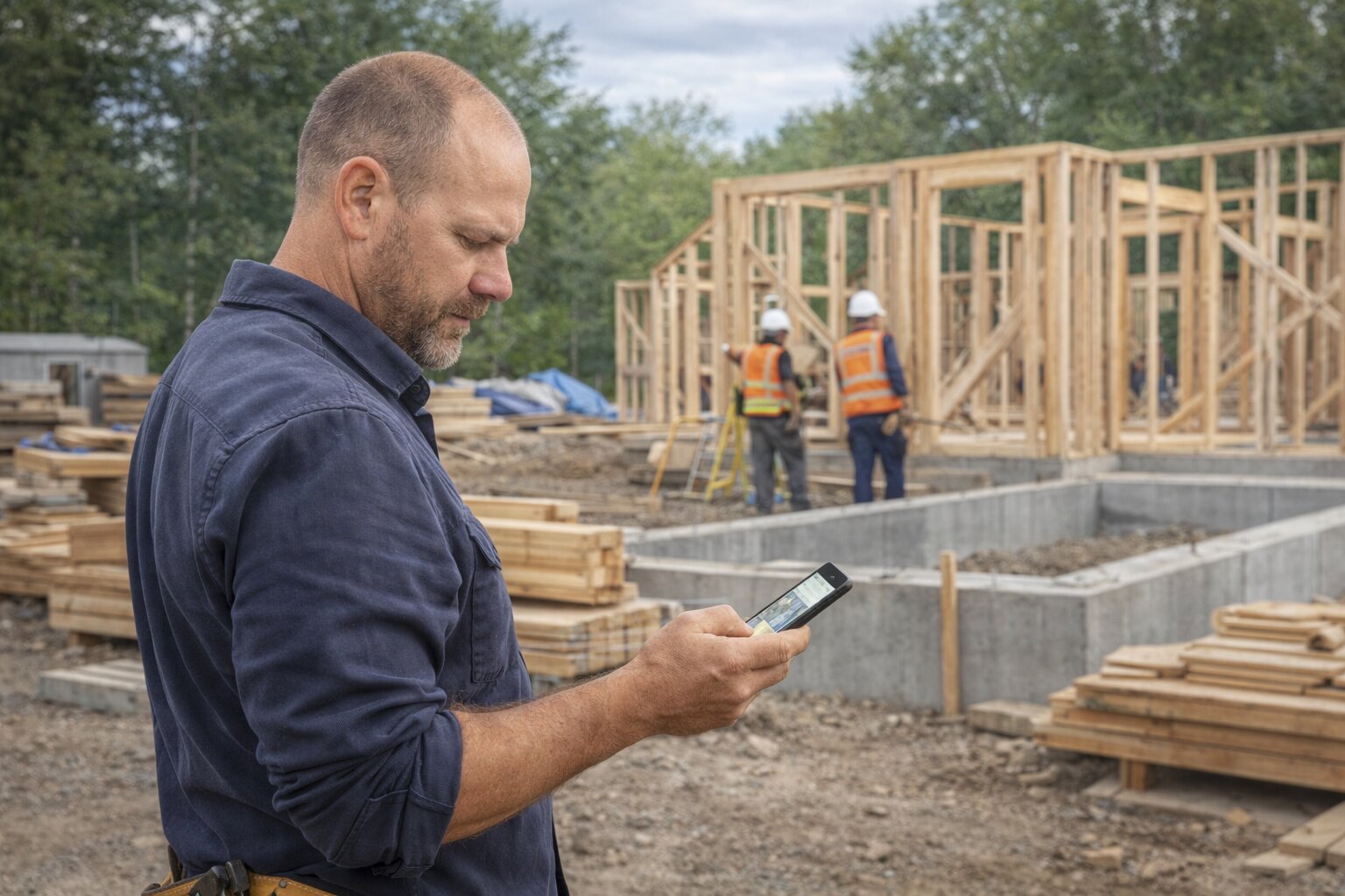 Contractor documenting work progress on phone at job site — every photo timestamped to the job timeline