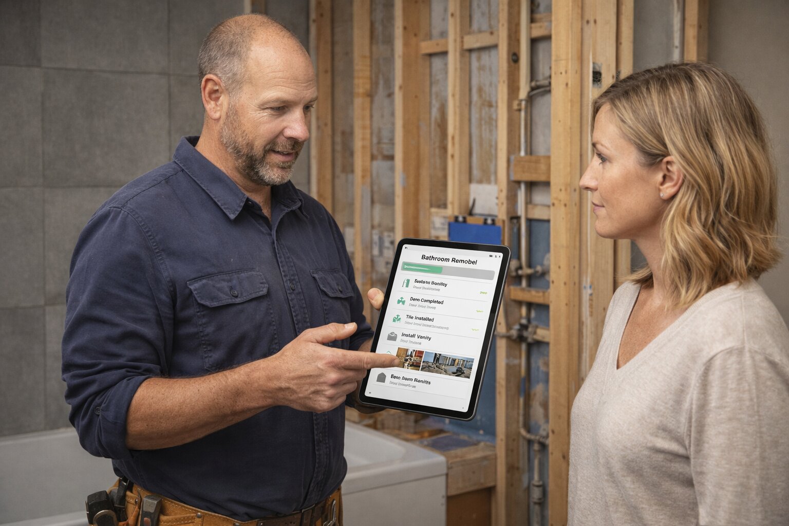 Contractor confidently showing client their organized project on JobCommandCenter — professionalism and trust