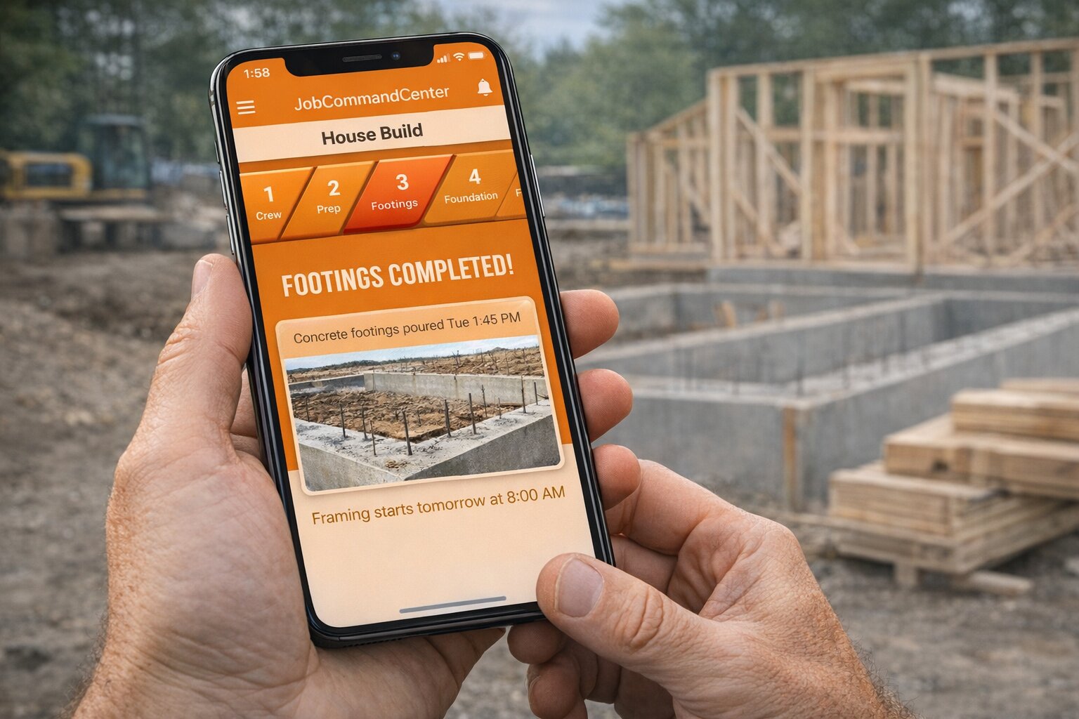 Client view — Footings Completed notification with photo proof and next steps