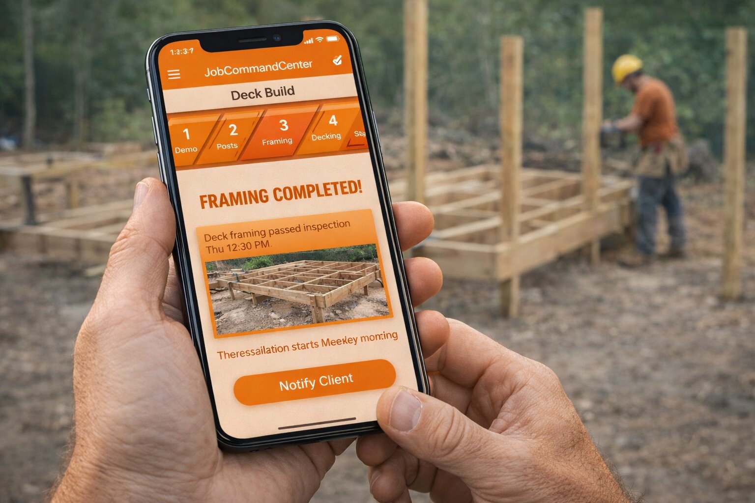 Client view — Deck Build Framing Completed with Notify Client button