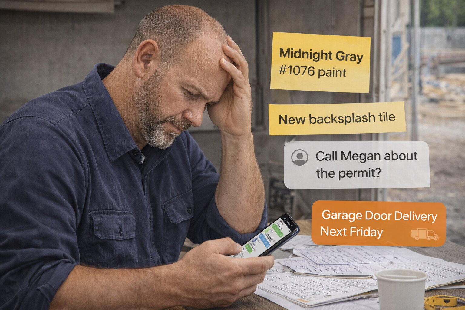 Contractor overwhelmed by scattered details — paint colors, tile orders, permits, deliveries all living in his head
